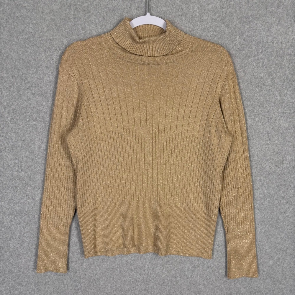 Vintage 90s Gold Metallic Turtleneck Sweater Large Petite Ribbed Glam Shimmer